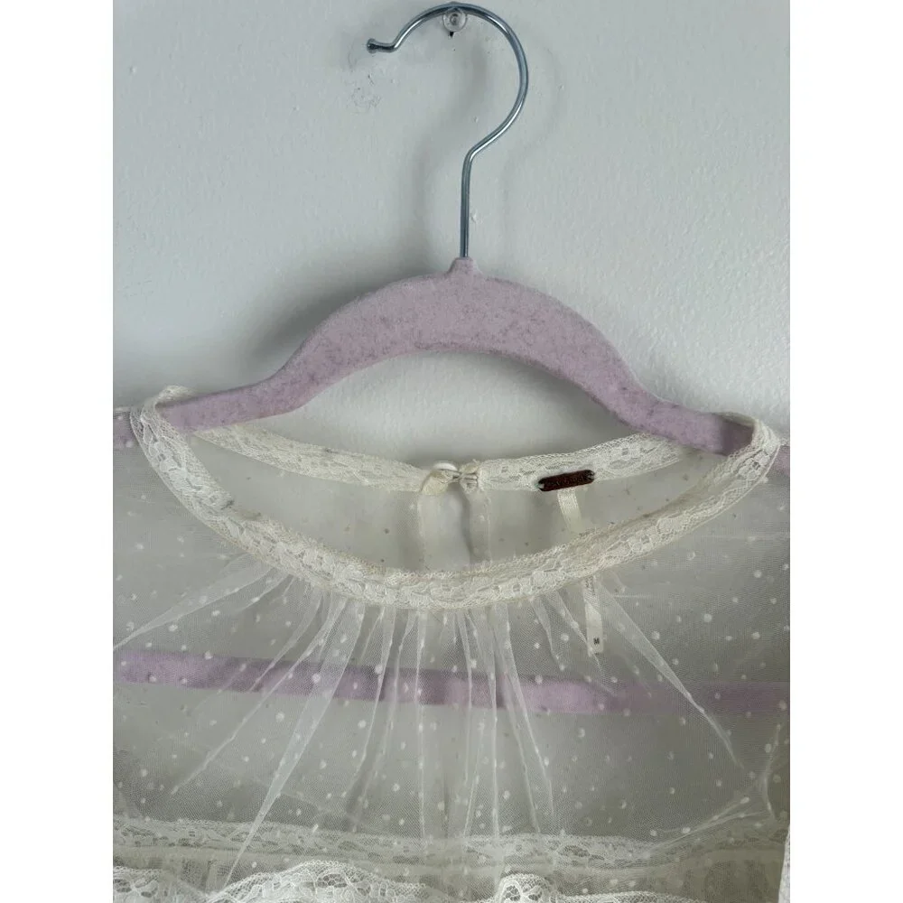 Free People Chloe Swiss Dot Lace Ruffle Sheer White Top Cottage Romantic Dainty